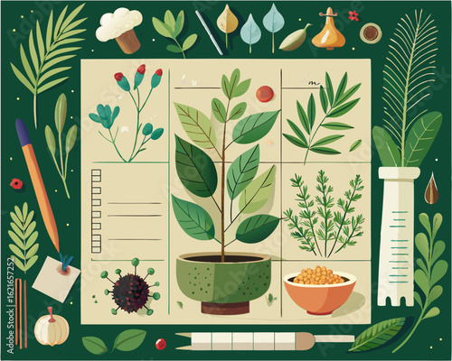 colorful illustration of a botanical chart displaying various medicinal herbal