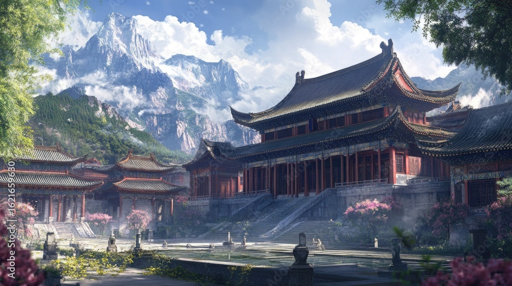 Fototapeta premium Serene Mountain Temple: A Digital Painting of Tranquil Asian Architecture