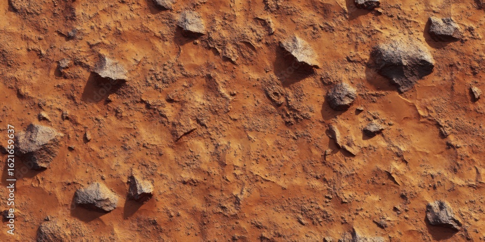 Fototapeta premium Close-up view of a textured surface of reddish-brown dirt and rocks.