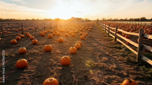 A vibrant pumpkin patch at sunset showcasing rows of pumpkins on the ground bordered by wooden fences a perfect scene for fall harvest
