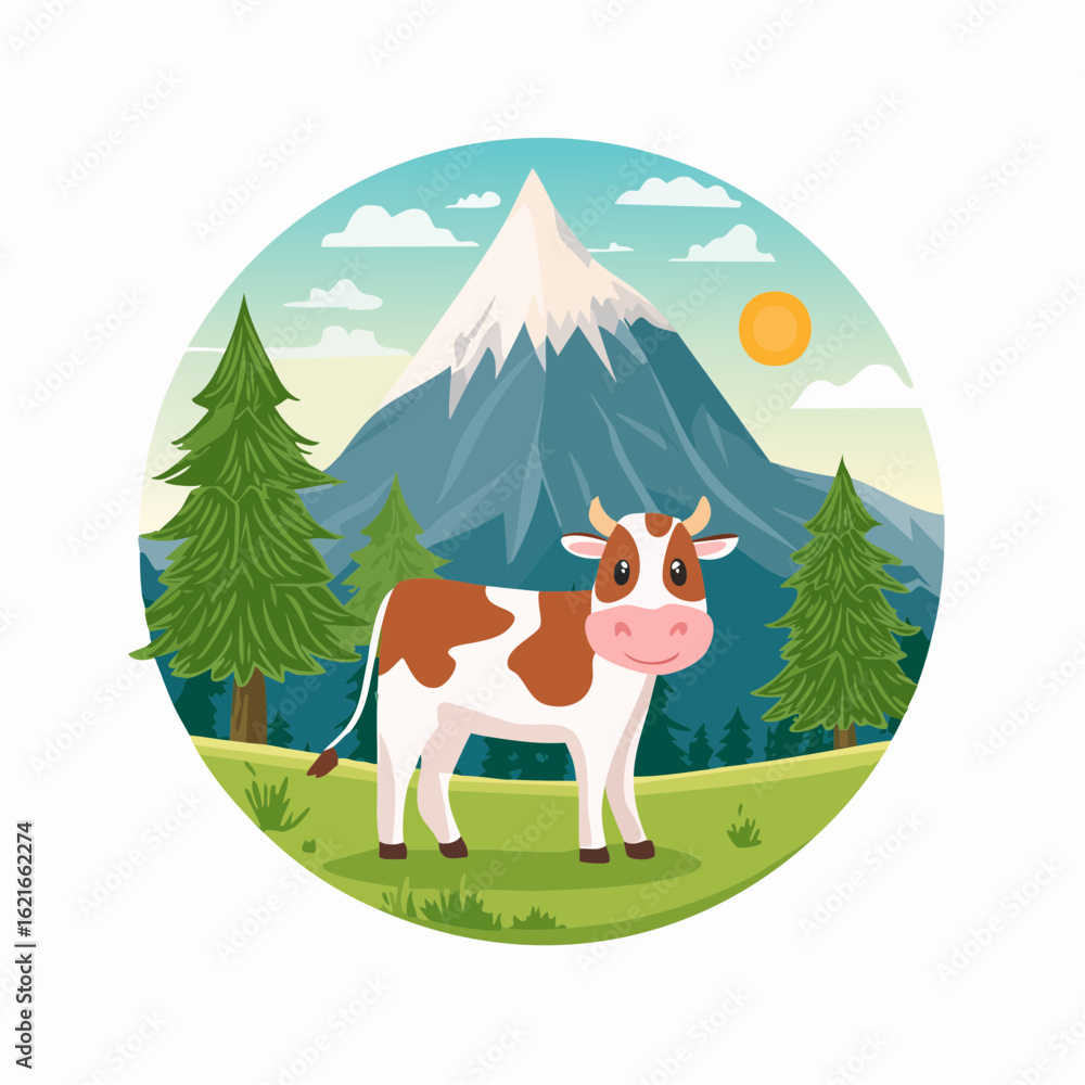 Naklejka premium Cartoon cow enjoying a sunny day against backdrop of snow mountain and green pasture