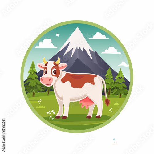 Cartoon cow grazing peacefully in a lush green meadow with snow capped mountain backdrop