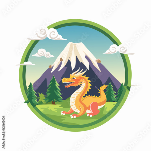 Cartoon Dragon Watching Over the Mountain, Surrounded by Nature's Beauty, a Landscape