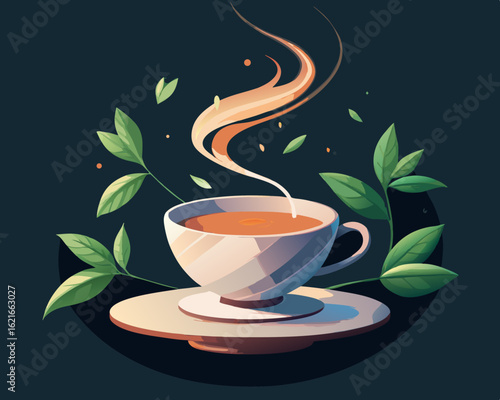 colorful illustration of a floating tea cup with swirling vapor infused with herbs