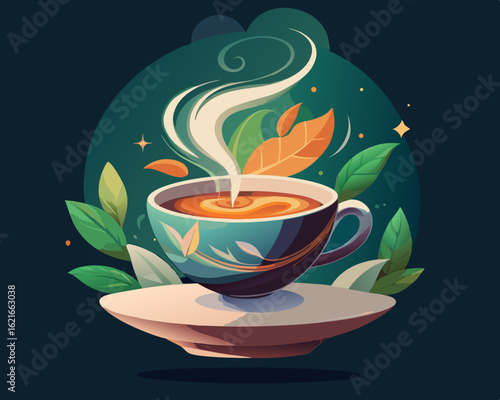 colorful illustration of a floating tea cup with swirling vapor infused with herbs