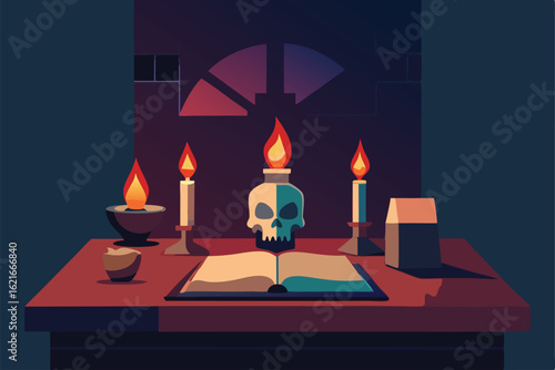 witch s altar with skulls and spell books  .eps