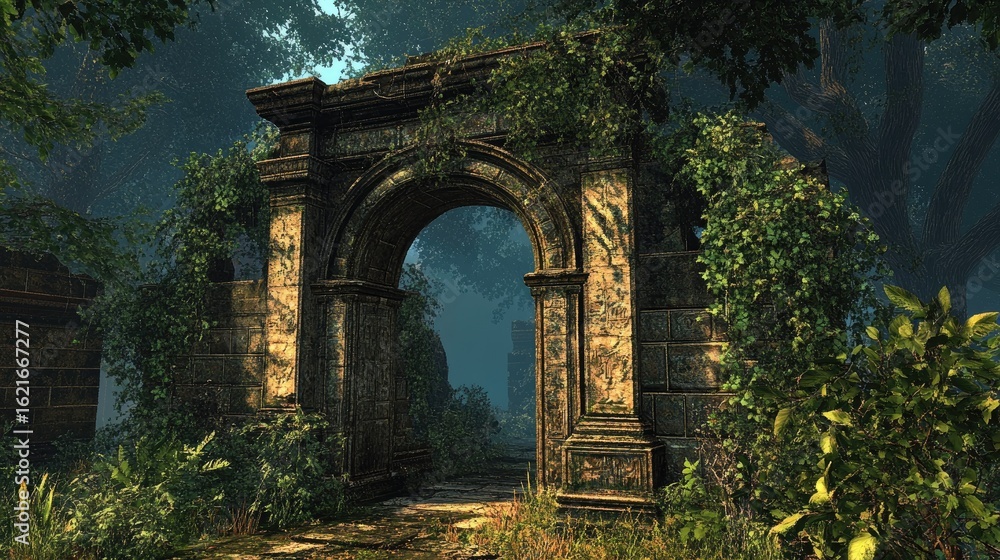 Fototapeta premium Ancient Stone Archway: A Mystical Forest Passage
