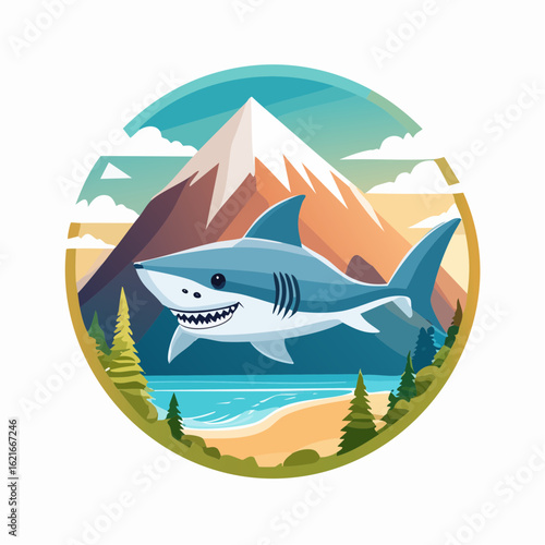 Cartoon shark illustration with mountainous background in a circular frame, marine ecosystem
