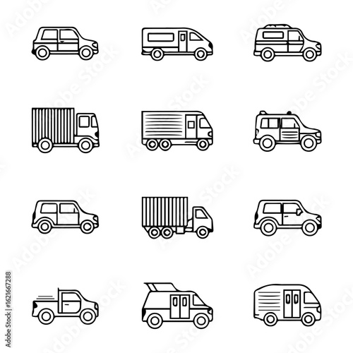 Collection of outlined vehicles cars vans and trucks displayed in a 3x4 grid
