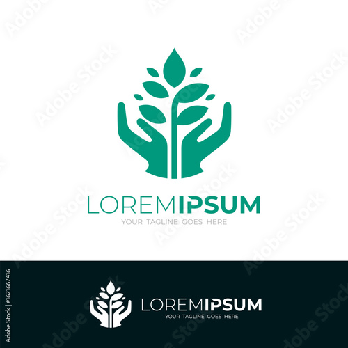 Hand care logo and tree logo combination, green color