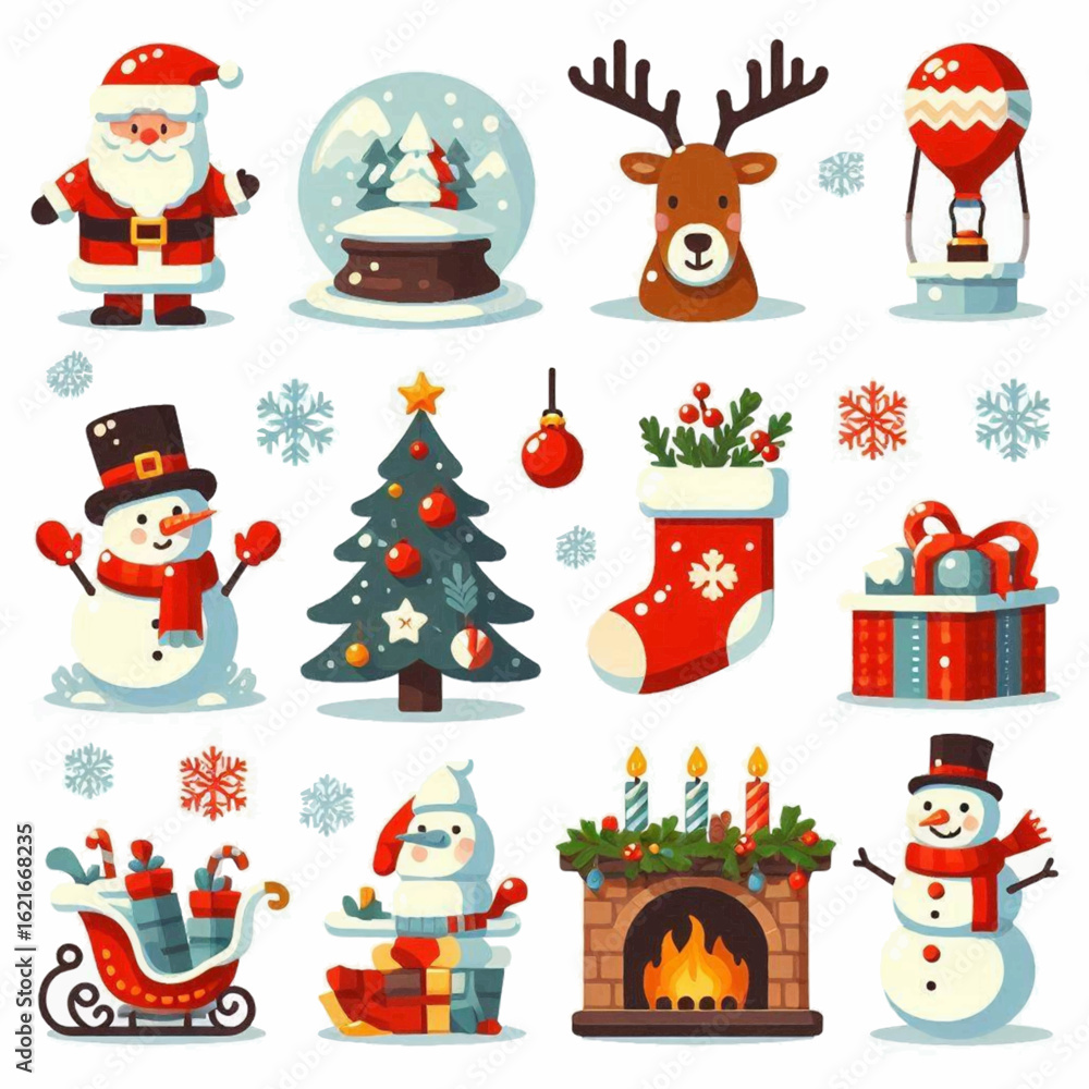 Christmas set Santa snowman reindeer tree and gifts with snow stars fireplace and festive decorations Christmas set Santa snowman reindeer tree and gifts with snow stars fireplace and festive decorations