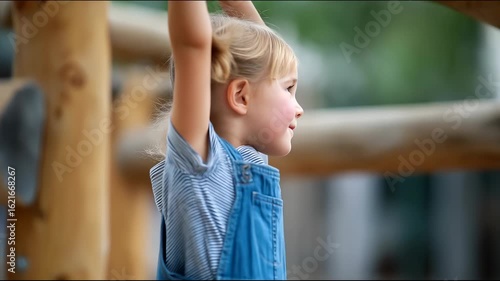 Preschool girl gripping playground monkey bars, building upper body strength and motor skills while experiencing joyful outdoor recreational activity