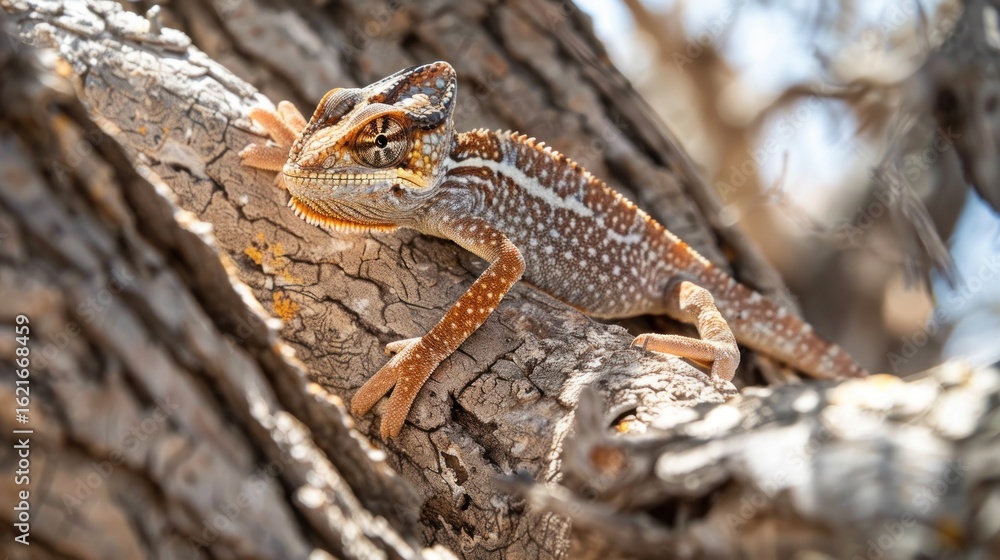 Chameleon on tree bark Chameleon on tree bark