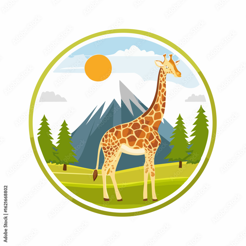 Obraz premium Giraffe's Serene Sanctuary: A Captivating Cartoon Depiction of Wildlife in Nature's Embrace