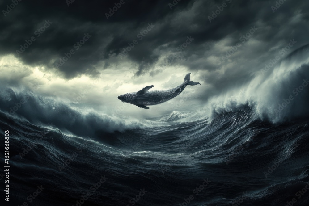 Fototapeta premium Majestic Whale Leaping Through Stormy Ocean Waves under Dark Skies
