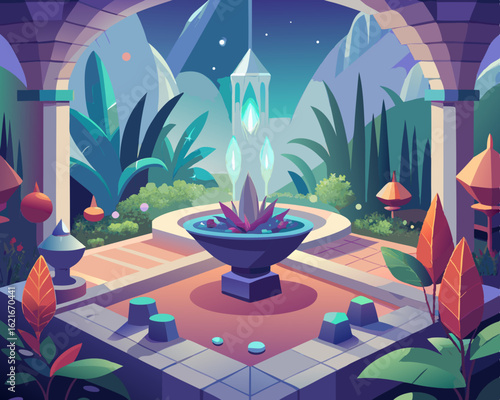 colorful illustration of a magical garden where spices grow in crystalline formations