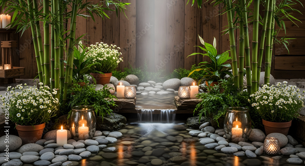 Fototapeta premium Zen Garden Waterfall Candles Bamboo Rocks Peace Tranquility Wellness Meditation Nature Therapy Calm Background for Spa Yoga Massage Peaceful Lifestyle