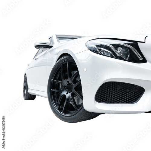 Sleek white car, low-angle shot