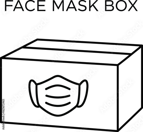 Minimalist Line Drawing of a Cardboard Box with a Face Mask Icon, Symbolizing Protection and Safety Measures for Health and Well-being During Pandemic Times