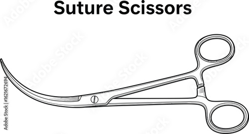 Line Drawing of a Medical Suture Scissors, Surgical Instrument for Cutting Sutures, Used in Medical Procedures and Veterinary Medicine