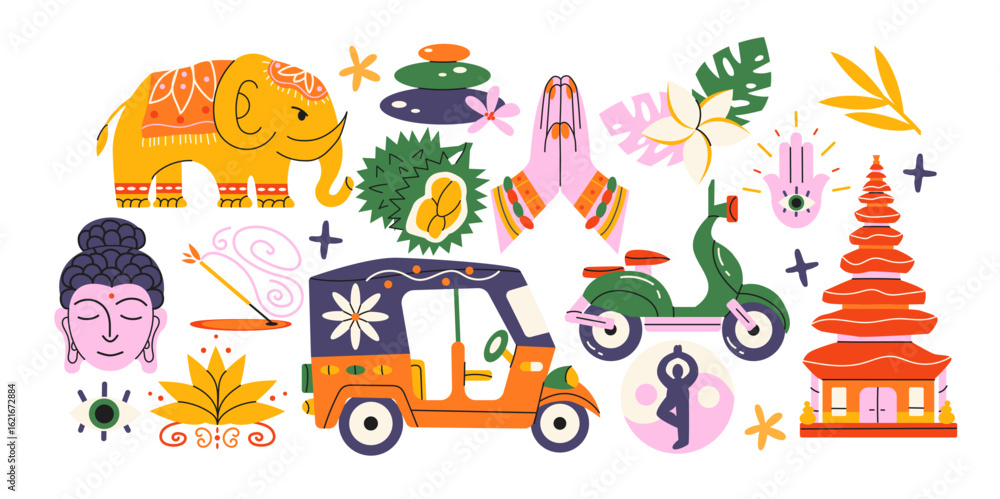 Naklejka premium Thailand and Bali travel stickers in retro cartoon style. Culture: Buddhist temple, Buddha face, elephant. Traditions: tropical fruits, lotus flower, yoga and meditation icons. Exotic nature set