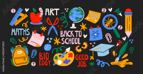 Back to school stickers. Backpacks, school items, stationery, notebooks in retro groovy cartoon style. Retro elements, vector shapes for study, school, university