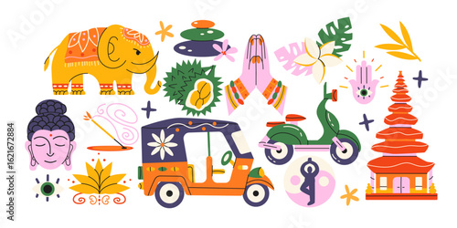 Thailand and Bali travel stickers in retro cartoon style. Culture: Buddhist temple, Buddha face, elephant. Traditions: tropical fruits, lotus flower, yoga and meditation icons. Exotic nature set