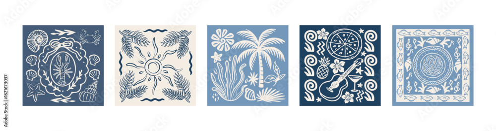 Naklejka premium Mediterranean tile patterns in retro cartoon style. Marine ornaments: seashell, palm, sun, fish, coconut, fruit. Decorative square motifs for wall art and textile print collection