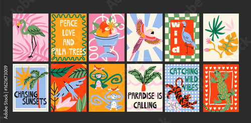 Tropical jungle posters with exotic animals and plants in cartoon style. Wall decor, trendy banners of wildlife, tropical foliage, cocktails, animals. Decor of wallpaper, walls, print and postcard
