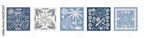Mediterranean tile patterns in retro cartoon style. Marine ornaments: seashell, palm, sun, fish, coconut, fruit. Decorative square motifs for wall art and textile print collection