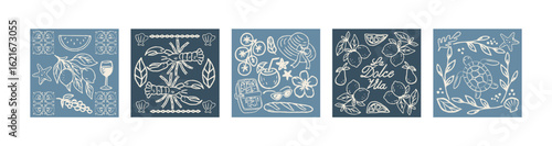 Mediterranean tile patterns in retro cartoon style. Marine ornaments: seashell, palm, sun, fish, coconut, fruit. Decorative square motifs for wall art and textile print collection