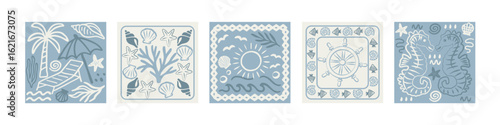 Mediterranean tile patterns in retro cartoon style. Marine ornaments: seashell, palm, sun, fish, coconut, fruit. Decorative square motifs for wall art and textile print collection