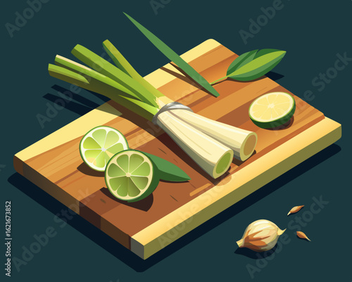 colorful illustration of a rustic cutting board with freshly chopped lemongrass