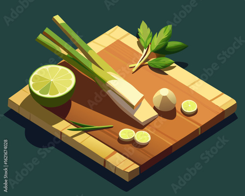 colorful illustration of a rustic cutting board with freshly chopped lemongrass