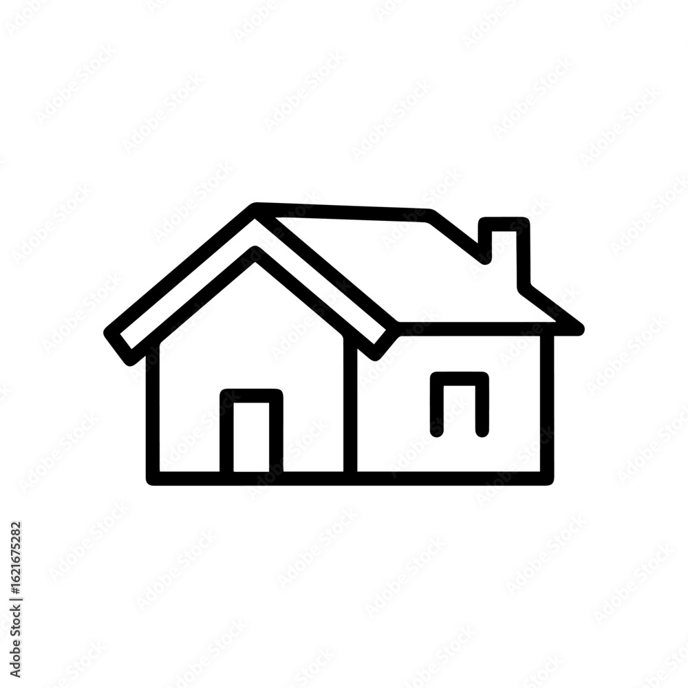 Outline of a house with a door a window and a chimney drawn with bold lines Outline of a house with a door a window and a chimney drawn with bold lines