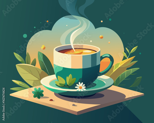 colorful illustration of a steaming cup of herbal tea with scattered mint and jasmine