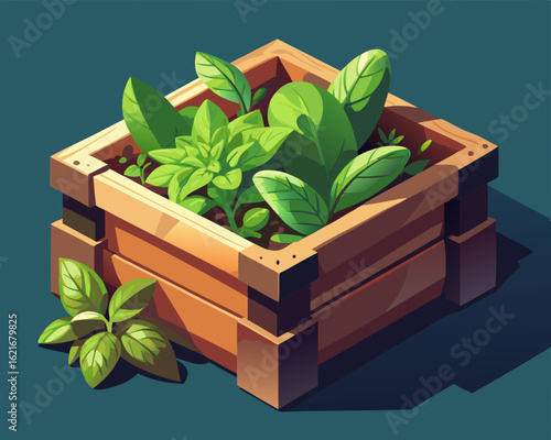 colorful illustration of a wooden box filled with freshly harvested basil