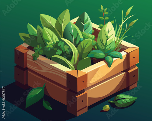 colorful illustration of a wooden box filled with freshly harvested basil