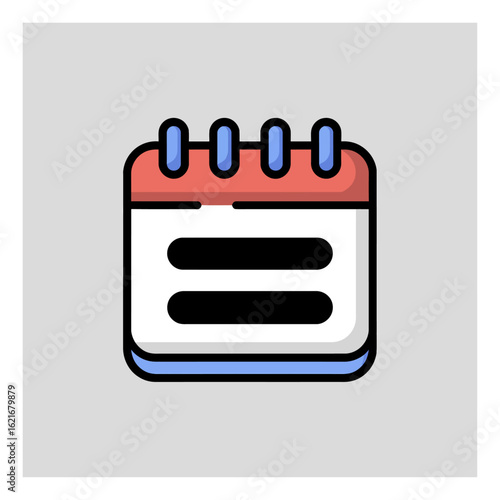 A colorful vector illustration showcasing a simple calendar icon featuring a red top, blue rings, and white pages with black lines for events.