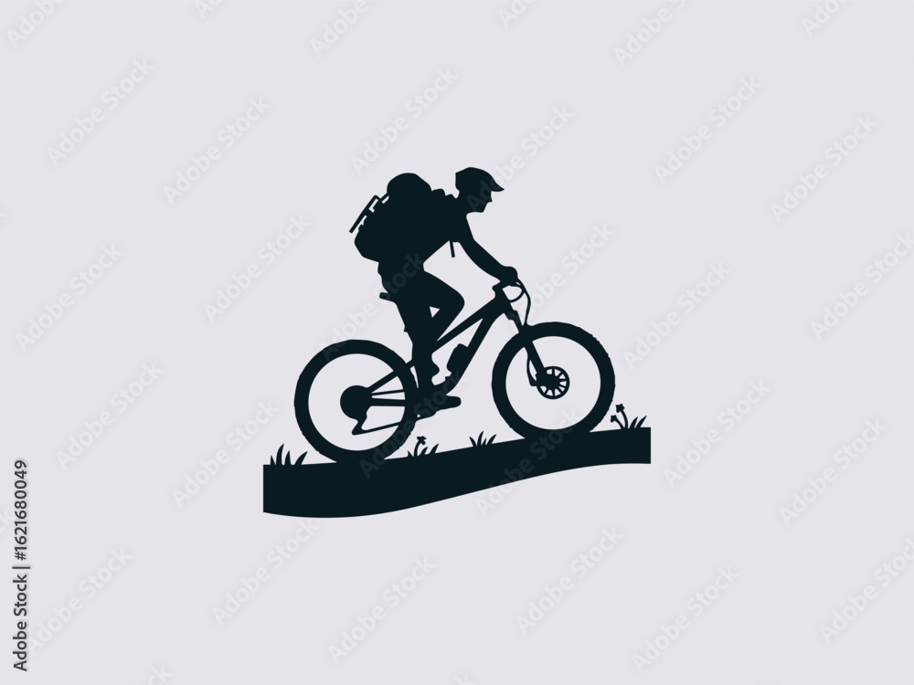 Obraz premium Modern mountain bike vector logo with tire treads and peak silhouette for extreme sports brand identity