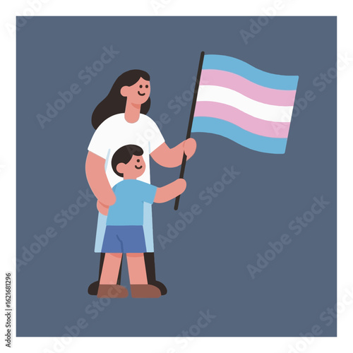 A loving parent and child proudly display the transgender pride flag, symbolizing support and acceptance in a vibrant illustration
