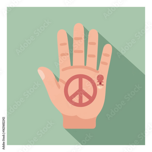 A stylized human palm prominently features a bold red peace sign alongside a distinct female gender symbol, representing unity and equality.