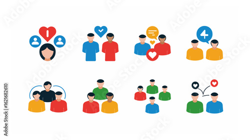 A vibrant collection of flat design vector icons illustrating diverse social media interactions, online connections, and community relationships.