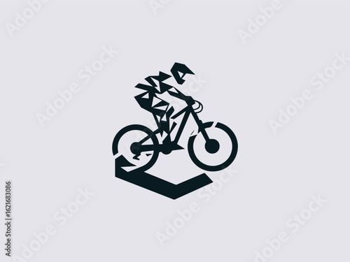 Modern mountain bike vector logo with tire treads and peak silhouette for extreme sports brand identity