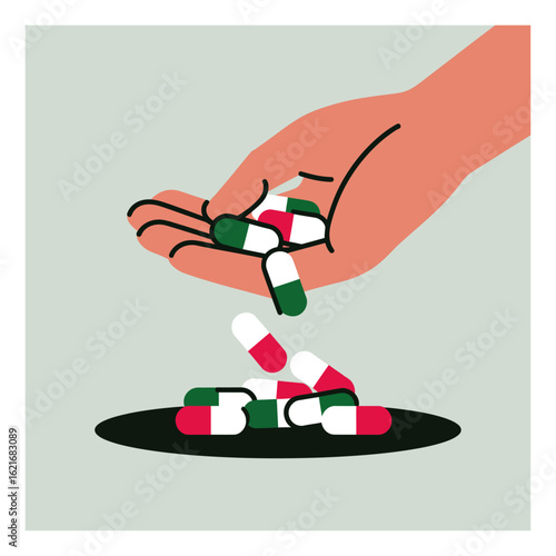 An adult hand carefully dispenses a mixture of red, white, and green bicolored medical capsules onto a dark surface.