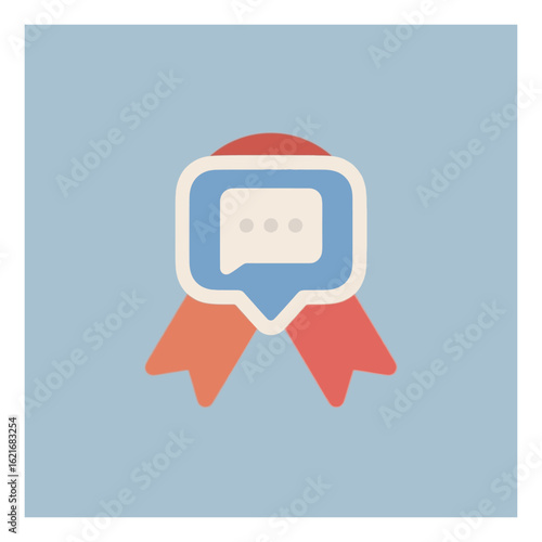 An illustrative graphic showcasing a conversation speech bubble icon with an ellipsis on a distinguished red award ribbon.