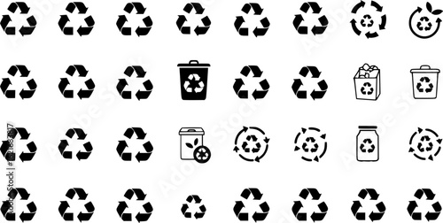 Recycle icon vector set. Recyclable materials illustration sign collection. Trash symbol. Eco logo. Recycle button web icons set. Ecology symbols.