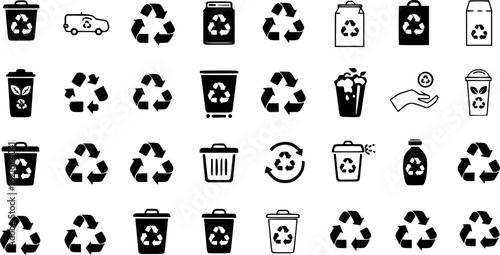 Recycle icon vector set. Recyclable materials illustration sign collection. Trash symbol. Eco logo. Recycle button web icons set. Ecology symbols.