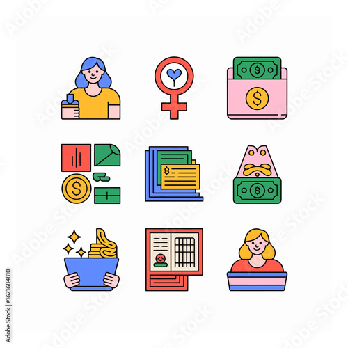 Colorful vector illustration pack featuring symbols of female empowerment, financial growth, social equality, and administrative tasks.