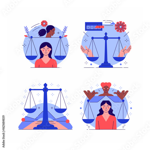 Colorful vector illustrations depicting concepts of social justice, equality, and human rights with diverse people and weighing scales